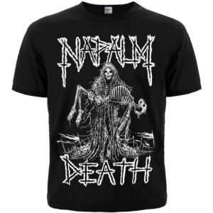 Лице на черна метъл тениска Napalm Death с бяла ситопечатна щампа на скелет и логото на бандата.