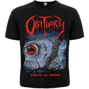 Предна част на метъл тениска Obituary Cause of Death с голямо червено лого