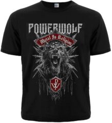 Черна мъжка метъл тениска с щампа на Powerwolf с вълк и надпис Metal Is Religion