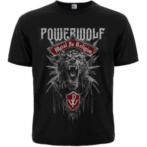 Черна мъжка метъл тениска с щампа на Powerwolf с вълк и надпис Metal Is Religion