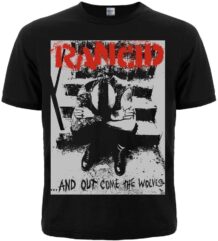 Лице на черна тениска Rancid And Out Come The Wolves с червена щампа