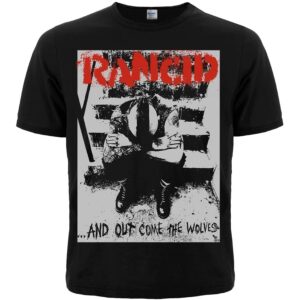 Лице на черна тениска Rancid And Out Come The Wolves с червена щампа