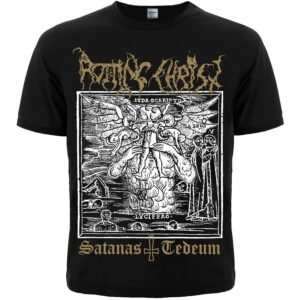 Предна част на черна метъл тениска Rotting Christ Satanas Tedeum с графичен принт