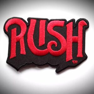 Бродирана червена рок нашивка на RUSH върху черен фон
