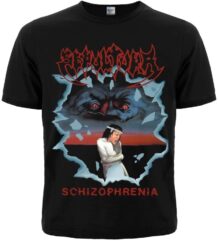Предна част на черна метъл тениска Sepultura Schizophrenia с цветна щампа