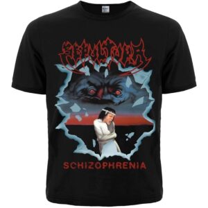 Предна част на черна метъл тениска Sepultura Schizophrenia с цветна щампа