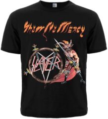 Лице на черна музикална тениска Slayer Show No Mercy с илюстрация на войн и пентаграм