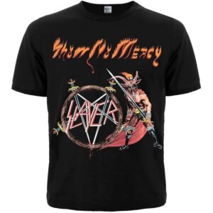 Лице на черна музикална тениска Slayer Show No Mercy с илюстрация на войн и пентаграм