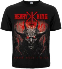Лице на черна метъл тениска Kerry King с червено лого и демонична щампа From Hell I Rise