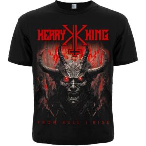 Лице на черна метъл тениска Kerry King с червено лого и демонична щампа From Hell I Rise