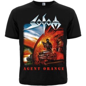 Лице на черна метъл тениска Sodom Agent Orange с голяма цветна щампа