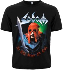 Предна част на мъжка метъл тениска Sodom In the Sign of Evil с рицар и меч