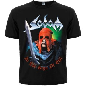 Предна част на мъжка метъл тениска Sodom In the Sign of Evil с рицар и меч