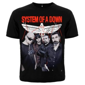 Лице на черна метъл тениска System of a Down с групов портрет и бял гълъб.