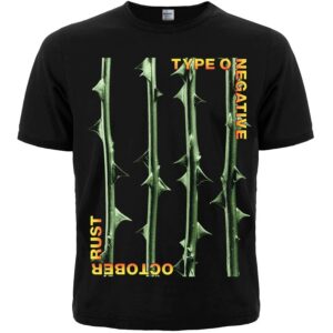 Предна част на черна метъл тениска Type O Negative с бодливи стебла от October Rust