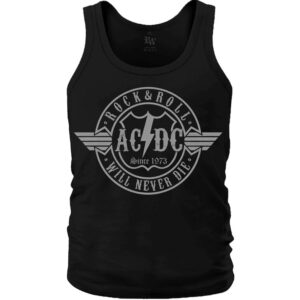 Черен мъжки потник за фитнес AC/DC със сиво лого Rock & Roll Will Never Die