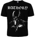 Предна част на черна метъл тениска на Bathory с бял козел и лого