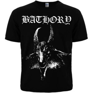 Предна част на черна метъл тениска на Bathory с бял козел и лого