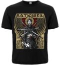 Лице на черна метъл тениска Batushka Raskol с иконографска щампа на светец с мечове.