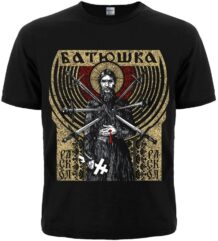 Лице на черна метъл тениска Batushka Raskol с иконографска щампа на светец с мечове.