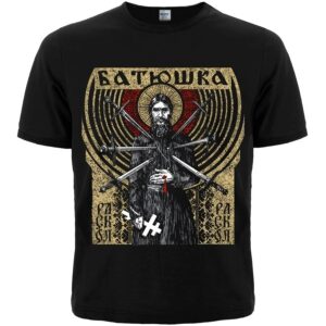 Лице на черна метъл тениска Batushka Raskol с иконографска щампа на светец с мечове.