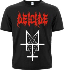 Предна част на черна метъл тениска Deicide с червено лого и бял символ