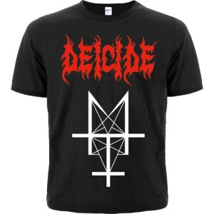 Предна част на черна метъл тениска Deicide с червено лого и бял символ