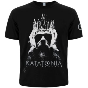 Лице на черна метъл тениска Katatonia City Burials с графична щампа на корона и лого.