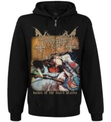 Предна част на черен суичер с цип Mayhem Dawn of the Black Hearts с голяма цветна щампа