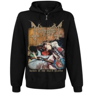 Предна част на черен суичер с цип Mayhem Dawn of the Black Hearts с голяма цветна щампа
