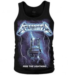Черен мъжки потник Metallica Ride the Lightning с предна щампа на електрически стол и светкавици