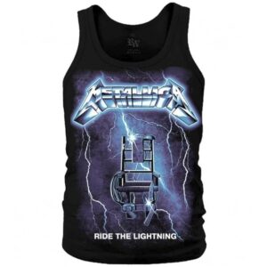 Черен мъжки потник Metallica Ride the Lightning с предна щампа на електрически стол и светкавици