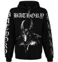 Черен метъл суичер с цип Bathory с бяла щампа на козел и надписи по ръкавите