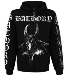 Черен метъл суичер с цип Bathory с бяла щампа на козел и надписи по ръкавите