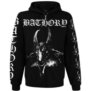 Черен метъл суичер с цип Bathory с бяла щампа на козел и надписи по ръкавите