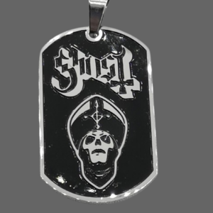 Стоманена плочка Ghost Papa Emeritus с лого на групата и контрастен черен фон