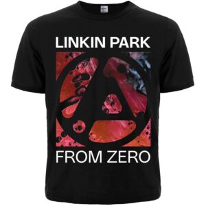 Предна част на черна тениска с щампа Linkin Park From Zero с червена арт графика