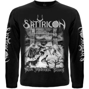 Предна част на черна тениска Satyricon Dark Medieval Times дълъг ръкав със сив принт