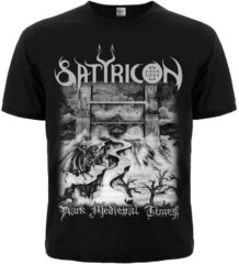 Лице на мъжка метъл тениска Satyricon Dark Medieval Times с черно-бяла щампа на замък