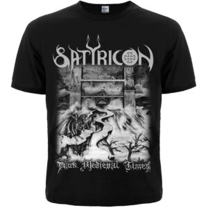 Лице на мъжка метъл тениска Satyricon Dark Medieval Times с черно-бяла щампа на замък