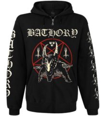 Черен метъл суичер с цип Bathory с козел, пентаграм и бели надписи на ръкавите