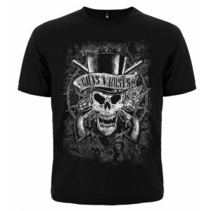 Мъжка тениска с щампа Guns N' Roses с голям череп с цилиндър и пистолети