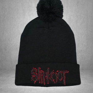 Мъжка зимна шапка Slipknot с черен помпон и червена 3D бродерия