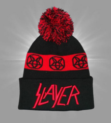 Зимна мъжка шапка Slayer с червени пентаграми и помпон