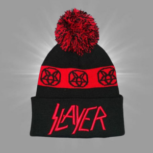 Зимна мъжка шапка Slayer с червени пентаграми и помпон
