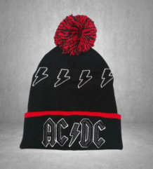 Мъжка зимна шапка AC/DC в черно и червено с помпон и светкавици