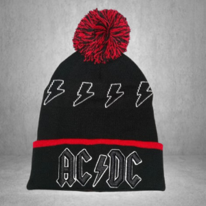Мъжка зимна шапка AC/DC в черно и червено с помпон и светкавици