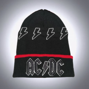 Черна зимна мъжка шапка AC/DC с червен кант и бродирано лого
