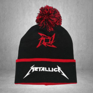 Черна зимна мъжка шапка Metallica с бяла бродерия и червен кант