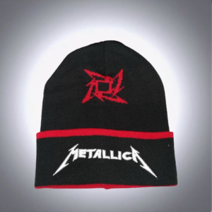 Черна зимна мъжка шапка Metallica с бяла бродерия и червен кант